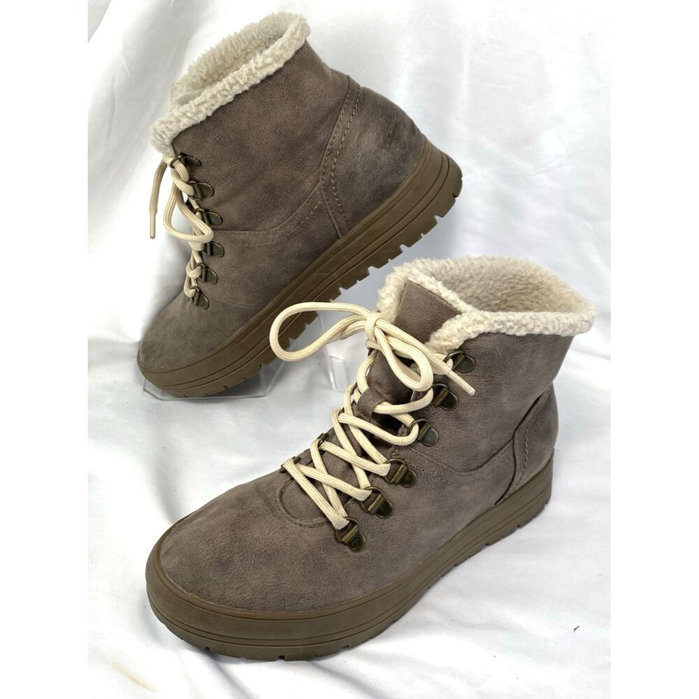 White Mountain Zion Ankle Boots Women' Sz 8M Taupe Sherpa Lined Lace Up Lug Sole